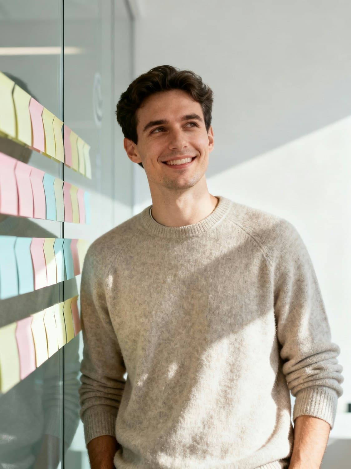 Portrait of Nico Varela smiling next to a wall of sticky notes